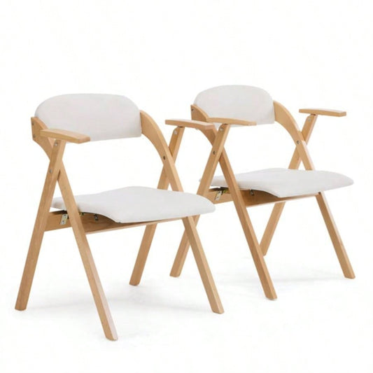 Set of 2 Wooden Folding Chairs with Padded Seats and Armrests, Portable Simple Folding Chairs with Cushion Guests Kitchen Office Wedding Party Picnic, Natural Frame with Beige Cushion