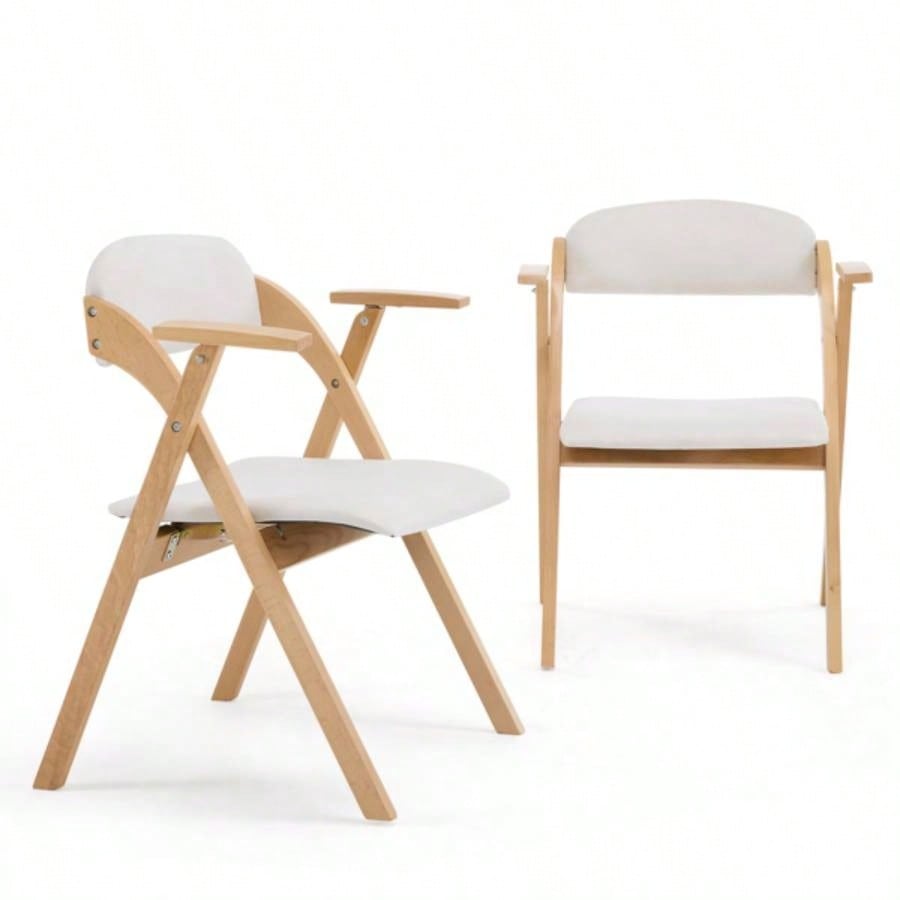 Set of 2 Wooden Folding Chairs with Padded Seats and Armrests, Portable Simple Folding Chairs with Cushion Guests Kitchen Office Wedding Party Picnic, Natural Frame with Beige Cushion