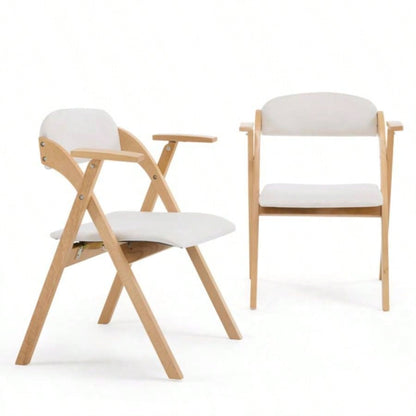Set of 2 Wooden Folding Chairs with Padded Seats and Armrests, Portable Simple Folding Chairs with Cushion Guests Kitchen Office Wedding Party Picnic, Natural Frame with Beige Cushion
