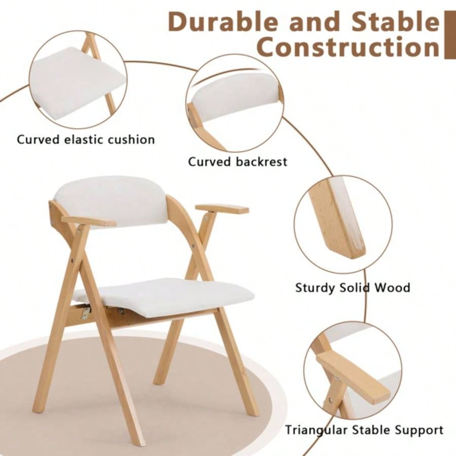 Set of 2 Wooden Folding Chairs with Padded Seats and Armrests, Portable Simple Folding Chairs with Cushion Guests Kitchen Office Wedding Party Picnic, Natural Frame with Beige Cushion