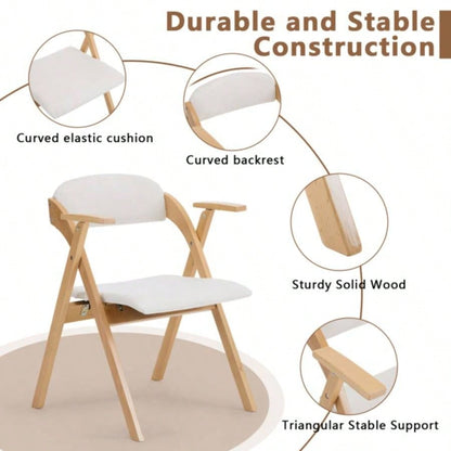 Set of 2 Wooden Folding Chairs with Padded Seats and Armrests, Portable Simple Folding Chairs with Cushion Guests Kitchen Office Wedding Party Picnic, Natural Frame with Beige Cushion