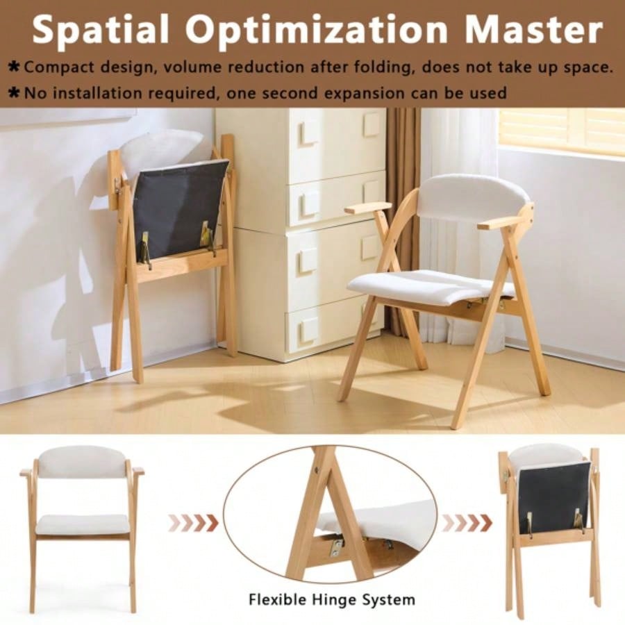 Set of 2 Wooden Folding Chairs with Padded Seats and Armrests, Portable Simple Folding Chairs with Cushion Guests Kitchen Office Wedding Party Picnic, Natural Frame with Beige Cushion