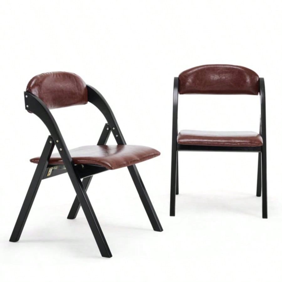 Set of 2 Wooden Folding Chairs with Padded Seats, Portable Simple Folding Chairs with Cushion Guests Kitchen Office Wedding Party Picnic, Black Frame with Walnut Cushion