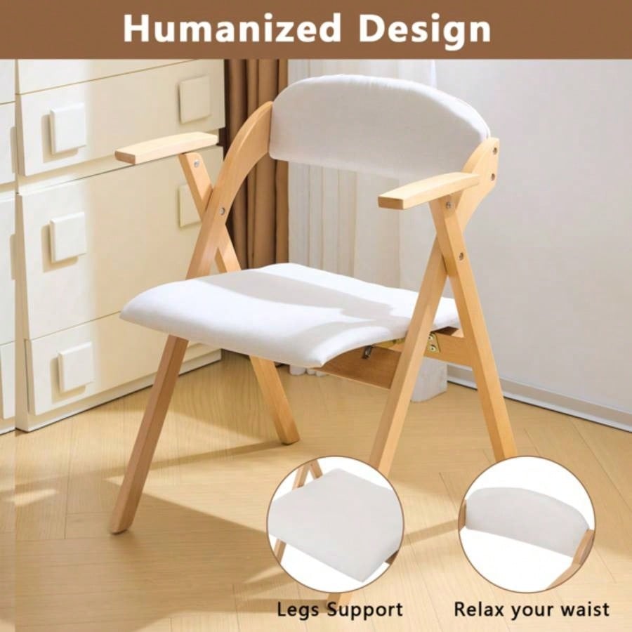 Set of 2 Wooden Folding Chairs with Padded Seats and Armrests, Portable Simple Folding Chairs with Cushion Guests Kitchen Office Wedding Party Picnic, Natural Frame with Beige Cushion