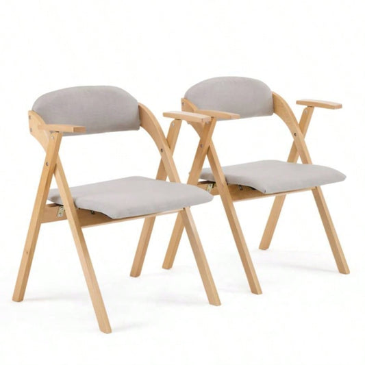 Set of 2 Wooden Folding Chairs with Padded Seats and Armrests, Portable Simple Folding Chairs with Cushion Guests Kitchen Office Wedding Party Picnic, Natural Frame with Light Gray Cushion