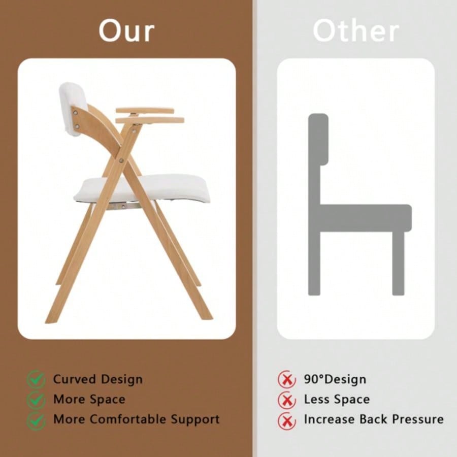 Set of 2 Wooden Folding Chairs with Padded Seats and Armrests, Portable Simple Folding Chairs with Cushion Guests Kitchen Office Wedding Party Picnic, Natural Frame with Beige Cushion