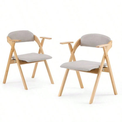 Set of 2 Wooden Folding Chairs with Padded Seats and Armrests, Portable Simple Folding Chairs with Cushion Guests Kitchen Office Wedding Party Picnic, Natural Frame with Light Gray Cushion