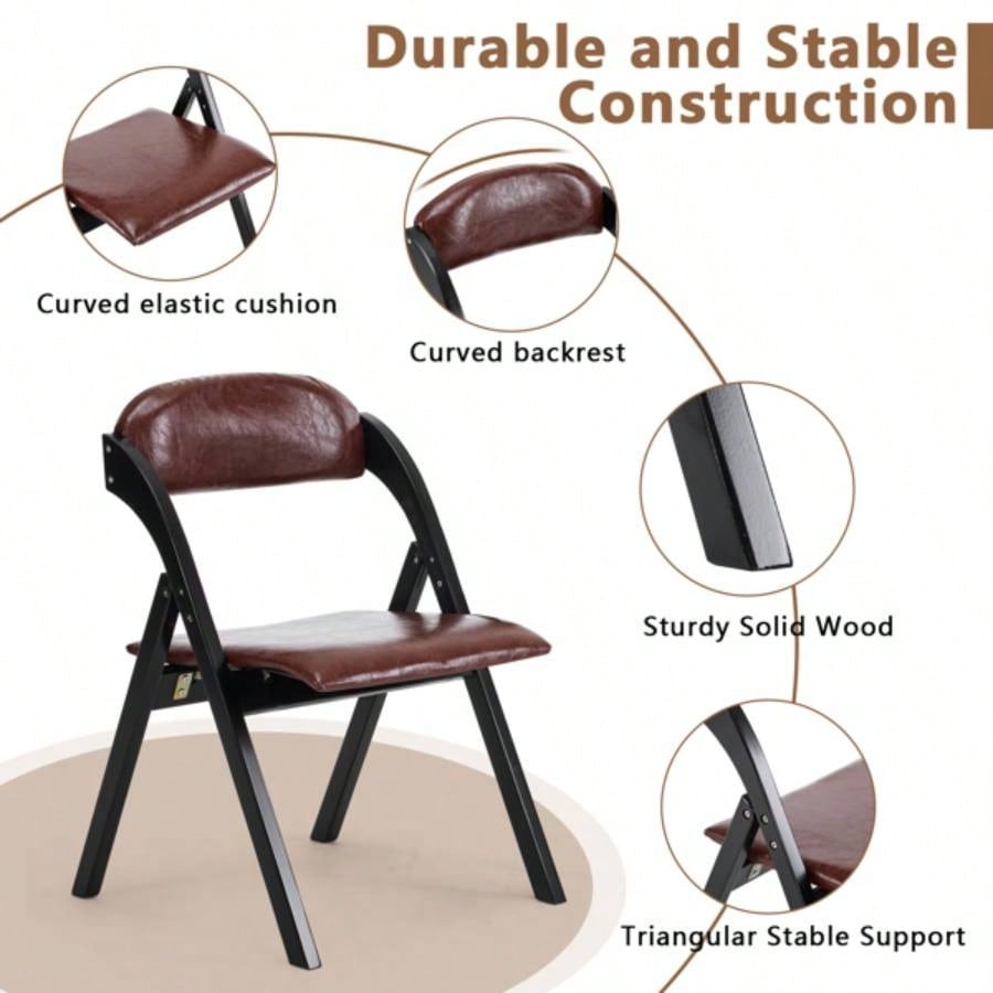 Set of 2 Wooden Folding Chairs with Padded Seats, Portable Simple Folding Chairs with Cushion Guests Kitchen Office Wedding Party Picnic, Black Frame with Walnut Cushion
