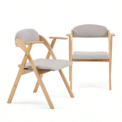 Set of 2 Wooden Folding Chairs with Padded Seats and Armrests, Portable Simple Folding Chairs with Cushion Guests Kitchen Office Wedding Party Picnic, Natural Frame with Light Gray Cushion