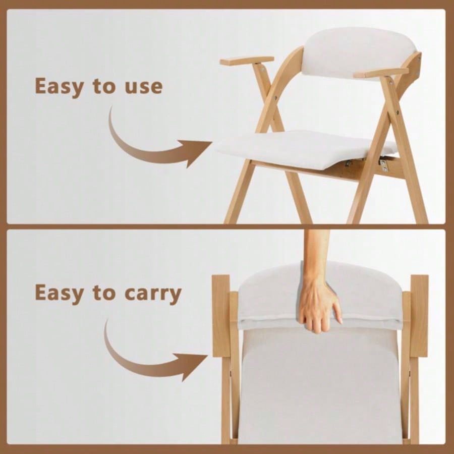 Set of 2 Wooden Folding Chairs with Padded Seats and Armrests, Portable Simple Folding Chairs with Cushion Guests Kitchen Office Wedding Party Picnic, Natural Frame with Beige Cushion