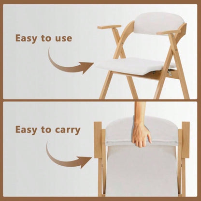 Set of 2 Wooden Folding Chairs with Padded Seats and Armrests, Portable Simple Folding Chairs with Cushion Guests Kitchen Office Wedding Party Picnic, Natural Frame with Beige Cushion