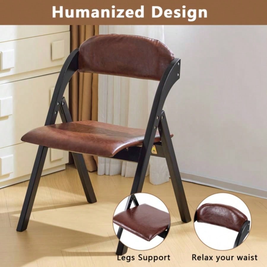 Set of 2 Wooden Folding Chairs with Padded Seats, Portable Simple Folding Chairs with Cushion Guests Kitchen Office Wedding Party Picnic, Black Frame with Walnut Cushion