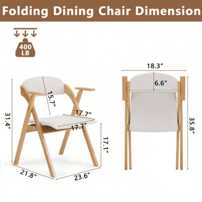 Set of 2 Wooden Folding Chairs with Padded Seats and Armrests, Portable Simple Folding Chairs with Cushion Guests Kitchen Office Wedding Party Picnic, Natural Frame with Beige Cushion