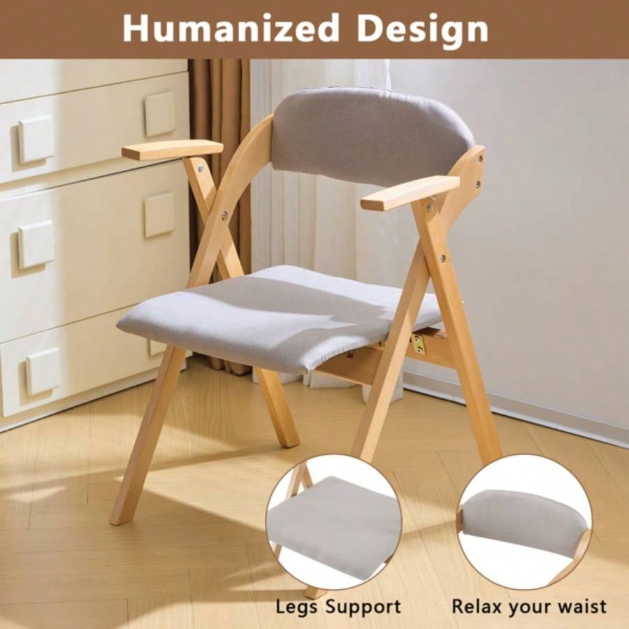 Set of 2 Wooden Folding Chairs with Padded Seats and Armrests, Portable Simple Folding Chairs with Cushion Guests Kitchen Office Wedding Party Picnic, Natural Frame with Light Gray Cushion