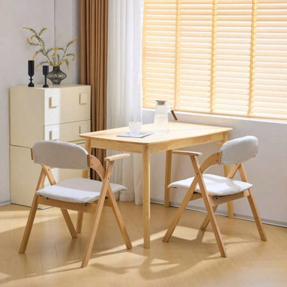 Set of 2 Wooden Folding Chairs with Padded Seats and Armrests, Portable Simple Folding Chairs with Cushion Guests Kitchen Office Wedding Party Picnic, Natural Frame with Beige Cushion