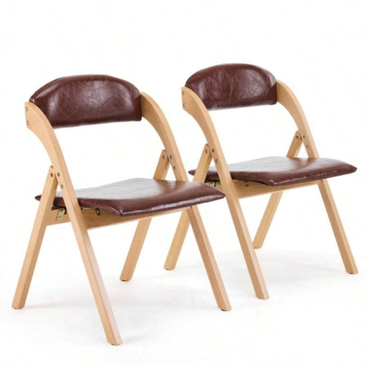 Set of 2 Wooden Folding Chairs with Padded Seats, Portable Simple Folding Chairs with Cushion Guests Kitchen Office Wedding Party Picnic, Natural Frame with Brown Cushion