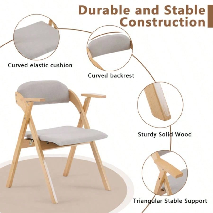 Set of 2 Wooden Folding Chairs with Padded Seats and Armrests, Portable Simple Folding Chairs with Cushion Guests Kitchen Office Wedding Party Picnic, Natural Frame with Light Gray Cushion