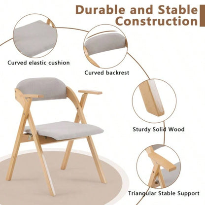 Set of 2 Wooden Folding Chairs with Padded Seats and Armrests, Portable Simple Folding Chairs with Cushion Guests Kitchen Office Wedding Party Picnic, Natural Frame with Light Gray Cushion
