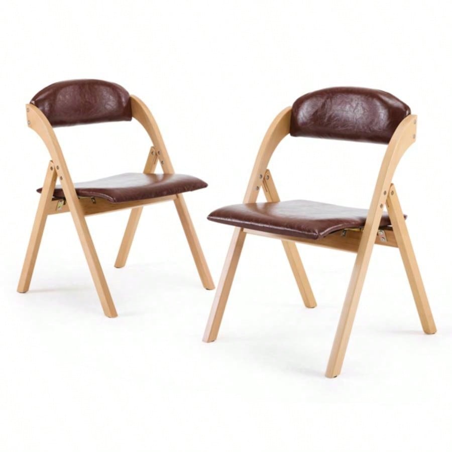 Set of 2 Wooden Folding Chairs with Padded Seats, Portable Simple Folding Chairs with Cushion Guests Kitchen Office Wedding Party Picnic, Natural Frame with Brown Cushion