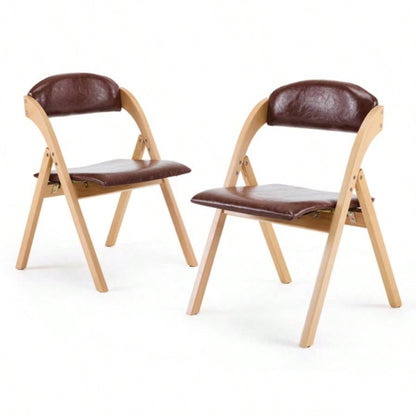Set of 2 Wooden Folding Chairs with Padded Seats, Portable Simple Folding Chairs with Cushion Guests Kitchen Office Wedding Party Picnic, Natural Frame with Brown Cushion
