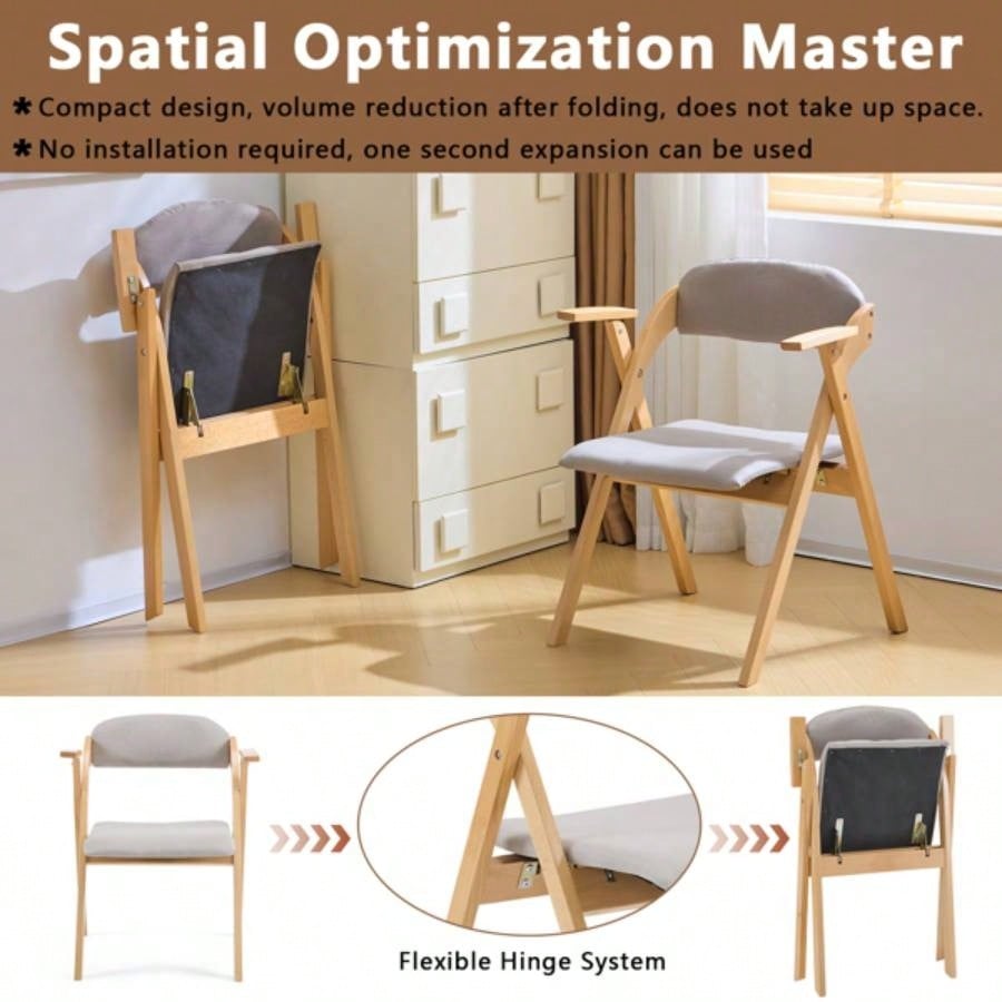 Set of 2 Wooden Folding Chairs with Padded Seats and Armrests, Portable Simple Folding Chairs with Cushion Guests Kitchen Office Wedding Party Picnic, Natural Frame with Light Gray Cushion