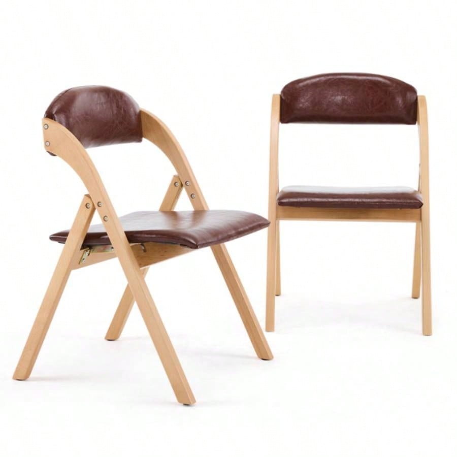 Set of 2 Wooden Folding Chairs with Padded Seats, Portable Simple Folding Chairs with Cushion Guests Kitchen Office Wedding Party Picnic, Natural Frame with Brown Cushion