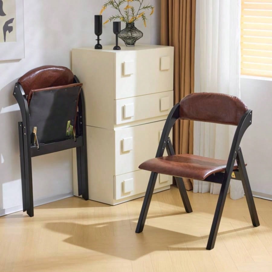 Set of 2 Wooden Folding Chairs with Padded Seats, Portable Simple Folding Chairs with Cushion Guests Kitchen Office Wedding Party Picnic, Black Frame with Walnut Cushion