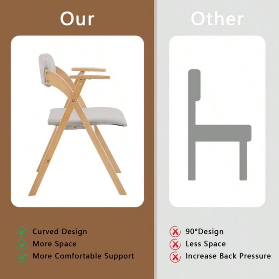 Set of 2 Wooden Folding Chairs with Padded Seats and Armrests, Portable Simple Folding Chairs with Cushion Guests Kitchen Office Wedding Party Picnic, Natural Frame with Light Gray Cushion