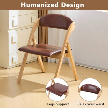 Set of 2 Wooden Folding Chairs with Padded Seats, Portable Simple Folding Chairs with Cushion Guests Kitchen Office Wedding Party Picnic, Natural Frame with Brown Cushion