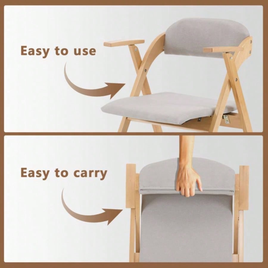 Set of 2 Wooden Folding Chairs with Padded Seats and Armrests, Portable Simple Folding Chairs with Cushion Guests Kitchen Office Wedding Party Picnic, Natural Frame with Light Gray Cushion