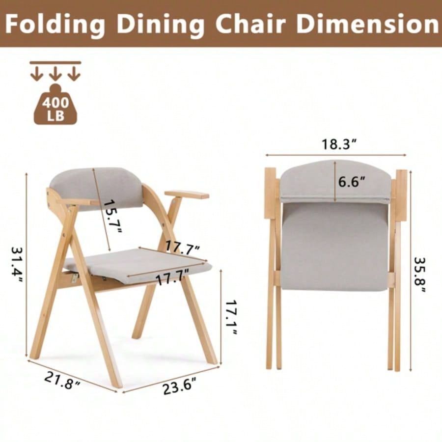Set of 2 Wooden Folding Chairs with Padded Seats and Armrests, Portable Simple Folding Chairs with Cushion Guests Kitchen Office Wedding Party Picnic, Natural Frame with Light Gray Cushion