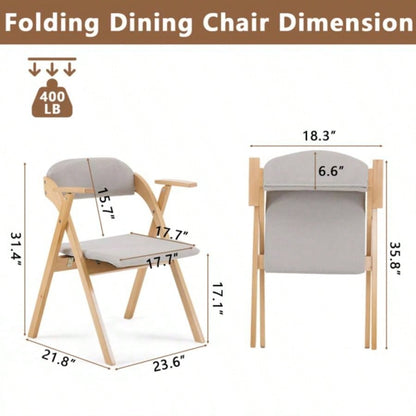 Set of 2 Wooden Folding Chairs with Padded Seats and Armrests, Portable Simple Folding Chairs with Cushion Guests Kitchen Office Wedding Party Picnic, Natural Frame with Light Gray Cushion