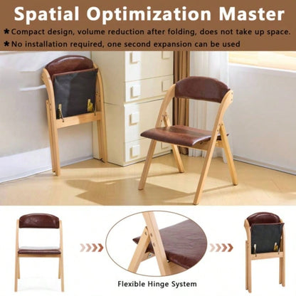 Set of 2 Wooden Folding Chairs with Padded Seats, Portable Simple Folding Chairs with Cushion Guests Kitchen Office Wedding Party Picnic, Natural Frame with Brown Cushion
