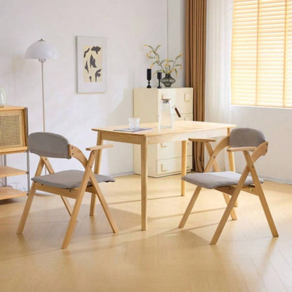 Set of 2 Wooden Folding Chairs with Padded Seats and Armrests, Portable Simple Folding Chairs with Cushion Guests Kitchen Office Wedding Party Picnic, Natural Frame with Light Gray Cushion