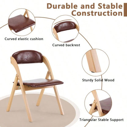 Set of 2 Wooden Folding Chairs with Padded Seats, Portable Simple Folding Chairs with Cushion Guests Kitchen Office Wedding Party Picnic, Natural Frame with Brown Cushion