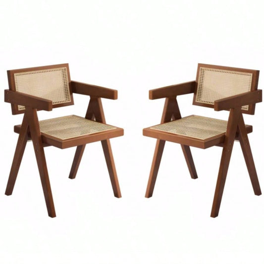 Modern Mid Dining Chairs Set of 2, Rattan Accent Chairs, Comfy Armchairs, Outdoor Wood Chairs with Armrest Bedroom Living Room Reading Room Dining Kitchen, Brown
