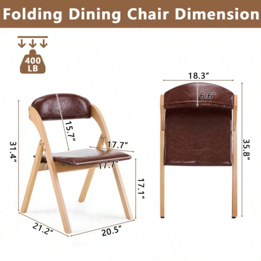 Set of 2 Wooden Folding Chairs with Padded Seats, Portable Simple Folding Chairs with Cushion Guests Kitchen Office Wedding Party Picnic, Natural Frame with Brown Cushion