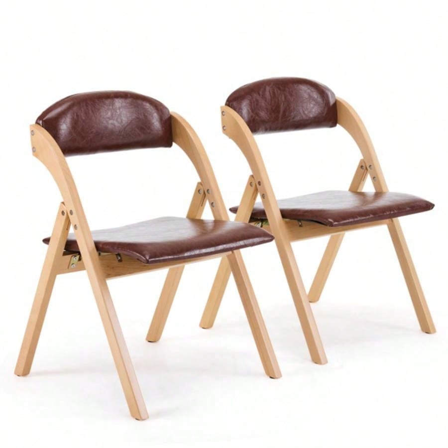 Set of 2 Wooden Folding Chairs with Padded Seats, Portable Simple Folding Chairs with Cushion Guests Kitchen Office Wedding Party Picnic, Natural Frame with Brown Cushion