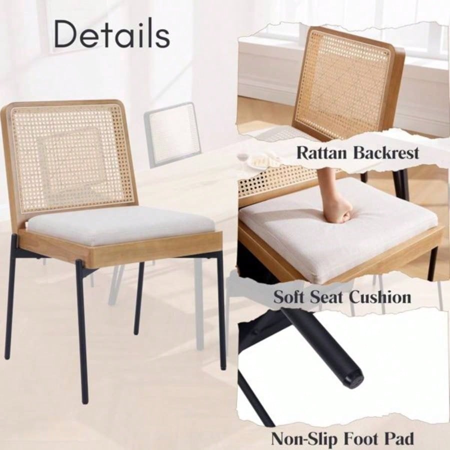 Mid - Dining Chairs Set of 2, Accent Linen Fabric Side Chairs with Rattan Backrest Metal Kitchen Chairs Dining Room Living Room