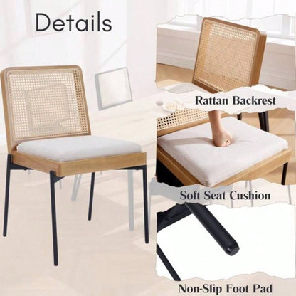 Mid - Dining Chairs Set of 2, Accent Linen Fabric Side Chairs with Rattan Backrest Metal Kitchen Chairs Dining Room Living Room