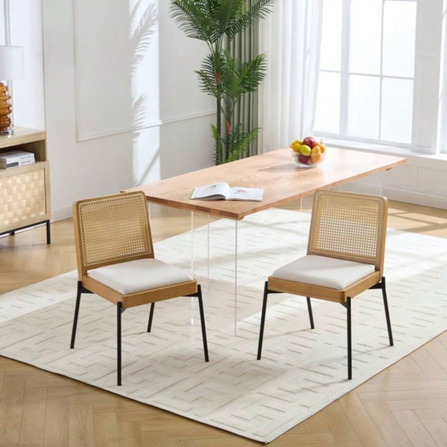 Mid - Dining Chairs Set of 2, Accent Linen Fabric Side Chairs with Rattan Backrest Metal Kitchen Chairs Dining Room Living Room