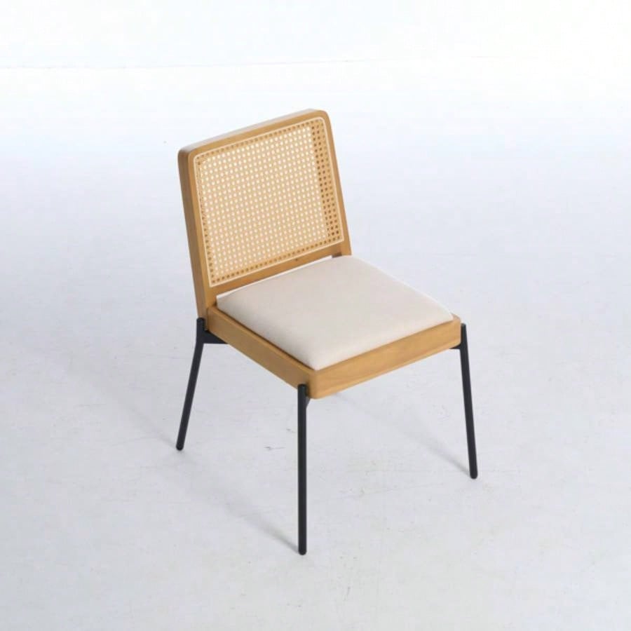 Mid - Dining Chairs Set of 2, Accent Linen Fabric Side Chairs with Rattan Backrest Metal Kitchen Chairs Dining Room Living Room