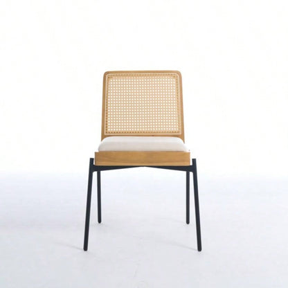 Mid - Dining Chairs Set of 2, Accent Linen Fabric Side Chairs with Rattan Backrest Metal Kitchen Chairs Dining Room Living Room