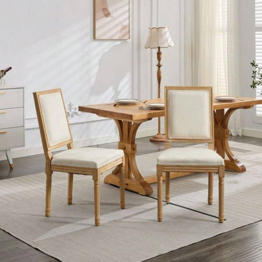 French Decor Chairs Set of 2, Louis Dining Chairs with Square Backrest and Exquisitely Carved Solid Wood Frame Living Room, Kitchen, Restaurant, SW1879BG, Beige