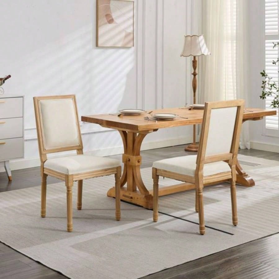 French Decor Chairs Set of 2, Louis Dining Chairs with Square Backrest and Exquisitely Carved Solid Wood Frame Living Room, Kitchen, Restaurant, SW1879BG, Beige