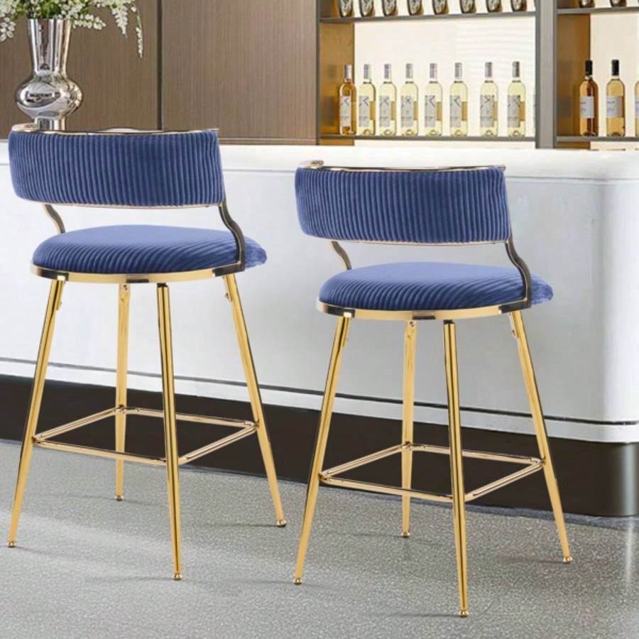 2pcs Thick Corduroy Gold - plated Iron Feet Bar Stool Blue
