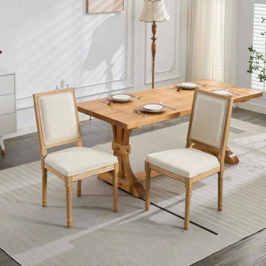 French Decor Chairs Set of 2, Louis Dining Chairs with Square Backrest and Exquisitely Carved Solid Wood Frame Living Room, Kitchen, Restaurant, SW1879BG, Beige