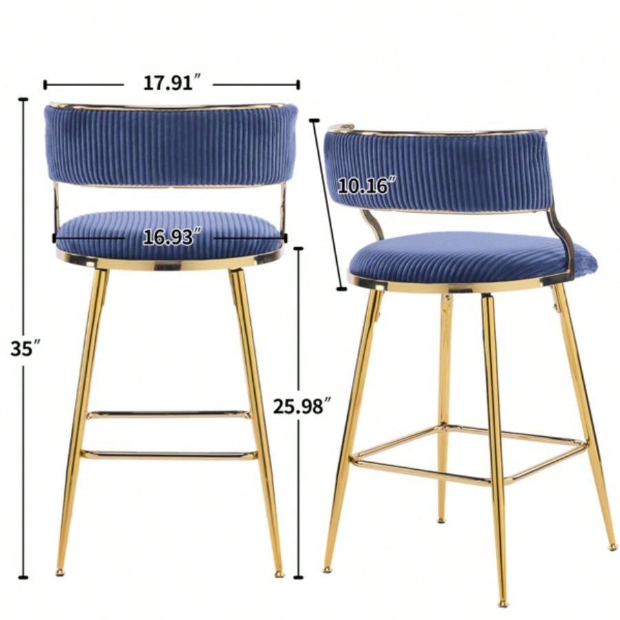 2pcs Thick Corduroy Gold - plated Iron Feet Bar Stool Blue
