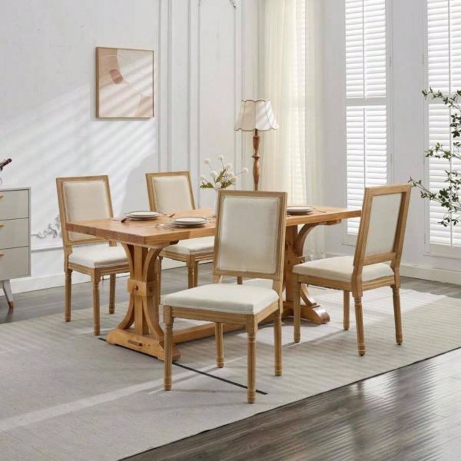 French Decor Chairs Set of 2, Louis Dining Chairs with Square Backrest and Exquisitely Carved Solid Wood Frame Living Room, Kitchen, Restaurant, SW1879BG, Beige