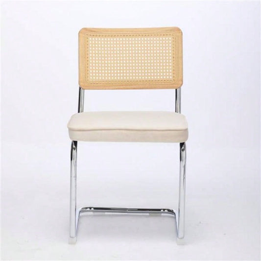 Mid Modern Dining Chairs Set of 2, Velvet Accent Chairs with Natural Cane Back Stainless Base, Famous Breuer Designed Chairs, Upholstered Rattan Kitchen Chairs, Beige